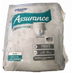 Equate Men`s 18 Count Assurance Underwear Max Absorbency Size L/XL New